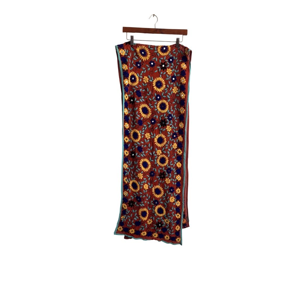 VUALA Embroidered Floral‎ Scarf Rust Orange Yellow Blue Silk Blend